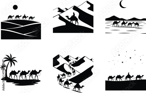 Camel caravan illustrations, desert travel scenes, nomadic lifestyle, black and white vector set, moonlight, palm trees, cultural journey, minimalist design