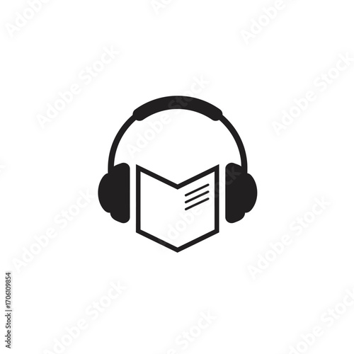 Book with headphones symbolizing audiobook and digital learning on a white background. EPS 10.