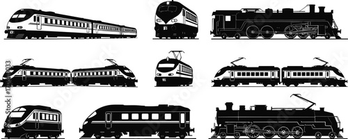 Black and white train silhouettes, steam and electric locomotives, modern passenger trains, railway evolution, transportation history, vintage and futuristic designs