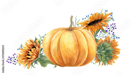 Watercolor yellow orange pumpkin, sunflowers, and meadow flowers illustration on isolated background. Autumn vegetable, wildflowers. Hand drawn floral composition for greeting card, food poster.
