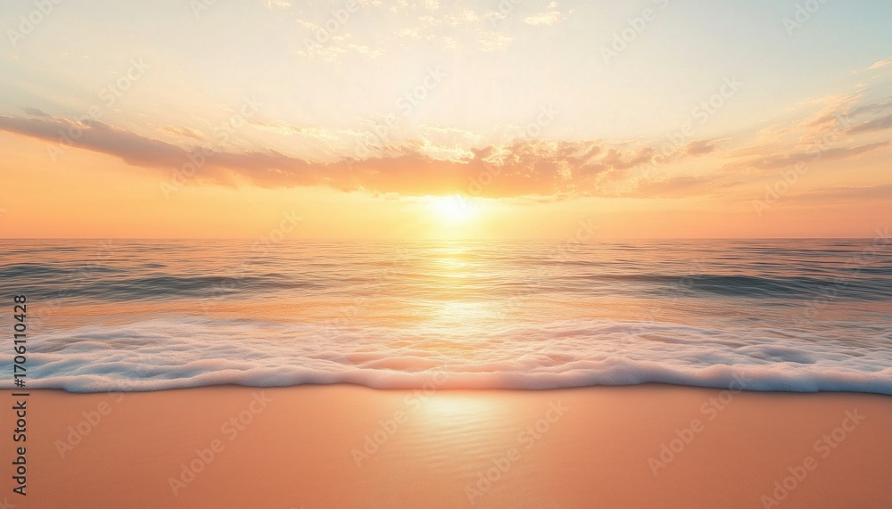 Obraz premium Tranquil Seascape With Golden Skyscape: Inspiring Nature View Of Wide Horizon, Soft Sand, And Relaxing Summer Sunlight