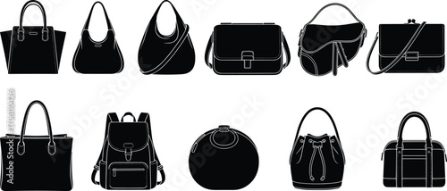 Black silhouette set of ten handbags and backpacks, including tote, crossbody, bucket, and duffel styles, perfect for fashion design.