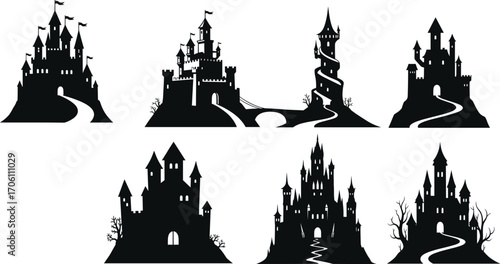 Castle silhouette vector set, fantasy and medieval architecture, gothic towers on hills, black and white illustration for storytelling, games, design assets