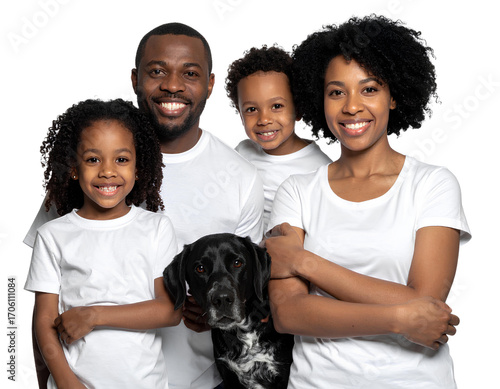 A family poses with their dog against on a transparent background, smiling and enjoyi