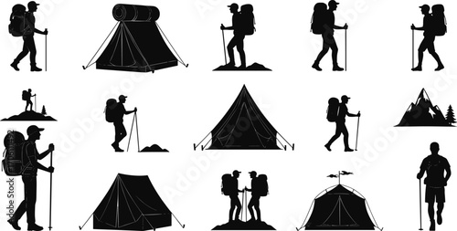 Camping, hiking, trekking, backpacker silhouettes, outdoor adventure icons, mountain hike, tent vector, wilderness trip, travel nature exploration art