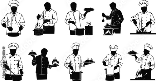 Chef icons cooking, professional chefs preparing food, stirring pots, serving dishes, kitchen utensils, culinary arts, chef hats and uniforms
