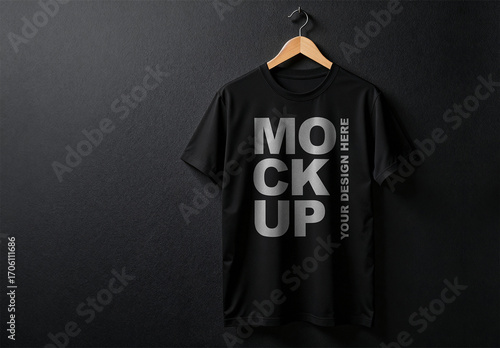 Professional Black T-Shirt Mockup Hanging from a Wooden Hanger Against a Black Textured Wall