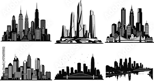 City skyline silhouette vector set, modern and classic architecture, bridges and skyscrapers, black and white urban illustration for design and storytelling