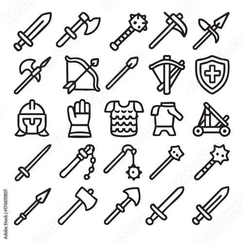 Collection of Medieval Knight Weapons and Armor Icons.