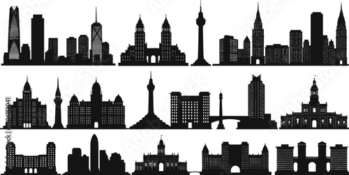 City skyline silhouettes, urban architecture icons, famous landmarks, modern buildings, historical structures, global skylines, black vector set, isolated design