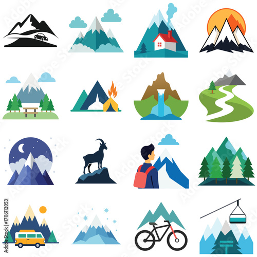 Flat vector illustration of a car driving towards a majestic mountain landscape