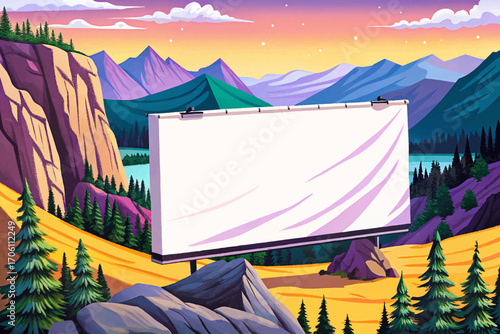 blank white banner on mountain cliff edge, overlooking valley horizon, wilderness landscape, outdoor rustic surface, dramatic solitude background, creative mockup placement, scenic minimal design