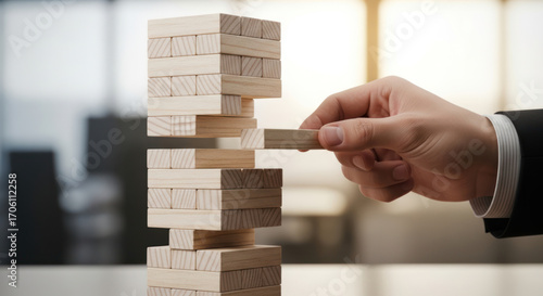 A hand carefully removes a wooden block from a precarious tower.