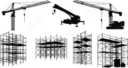 Construction crane and scaffold silhouette vector set, tower, mobile, crawler cranes, multi-level scaffolding, black and white engineering illustration for building design