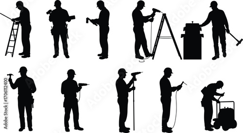 Construction silhouettes, workers with tools, ladder, drill, hammer, wrench, blueprint, maintenance activity, hard hats, safety gear, technical labor, teamwork