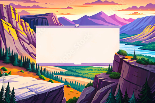 blank white banner on mountain cliff edge, overlooking valley horizon, wilderness landscape, outdoor rustic surface, dramatic solitude background, creative mockup placement, scenic minimal design