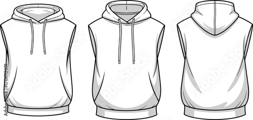 Sleeveless hoodie front, back and side flat sketch, unisex casual gym wear fashion design, vector apparel template for clothing mockup and technical illustration