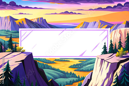 blank white banner on mountain cliff edge, overlooking valley horizon, wilderness landscape, outdoor rustic surface, dramatic solitude background, creative mockup placement, scenic minimal design