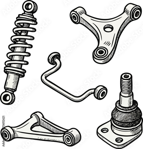 Set of Hand-Drawn Suspension Components – Technical Sketch