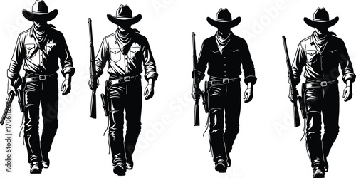 Cowboy silhouette set, black-and-white illustrations of Western men with rifles for frontier, independence, strength, and vintage Americana themes