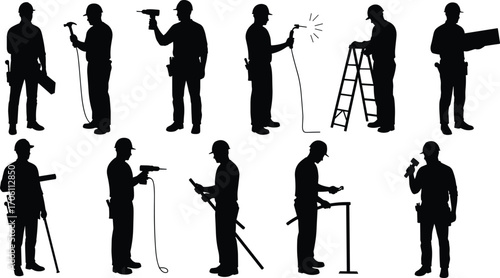 Construction worker silhouettes, hard hats, tool belts, hammer, drill, ladder, blueprint, teamwork, manual labor, wrench, safety, industrial tools