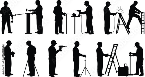 Construction worker silhouettes, industrial tasks, safety gear, hard hats, drilling, welding, measuring, inspecting, surveying, ladder work, black vector icons