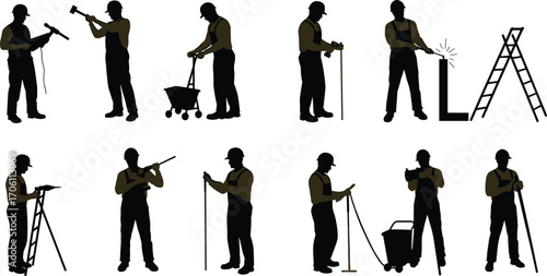 Construction worker silhouettes, maintenance tasks, safety gear, hard hats, cleaning crew, welding, measuring, hammering, industrial labor, black vector icons