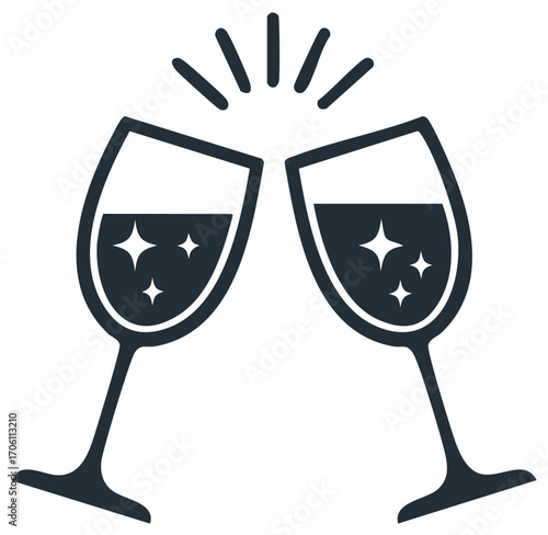 Two sparkling wine glasses toasting with celebration bursts above them