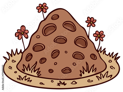 Cartoon illustration of a soil mound with flowers growing around.
