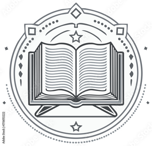 Elegant Monochrome Open Book on Stand with Ornate Circular Frame and Star Accents Line Art Symbol