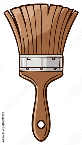 Cartoon paintbrush with brown handle and bristles, isolated on white background