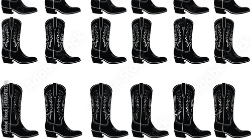 Cowboy boot pattern, western footwear silhouettes, black vector design, decorative stitching, blue outline boots, repeated graphic, textile art, illustration