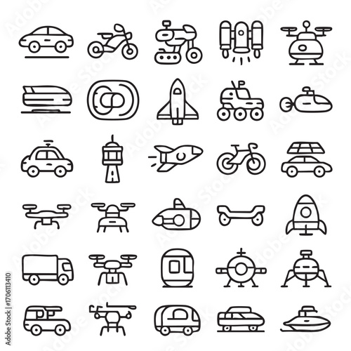 Transportation Icons Cars Drones Rockets and More.