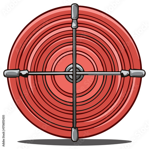 Detailed cartoon drawing depicts fire hose reel wrapped in circular rows, complemented by a sturdy metal lug wrench crossing it, a symbol of safety
