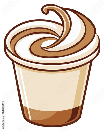 Illustration of a sweet iced coffee or dessert in a cup. Creamy swirl design.