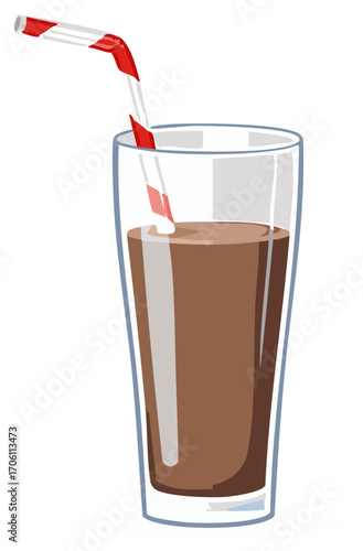 Glass of chocolate milk with striped straw, fresh drink illustration