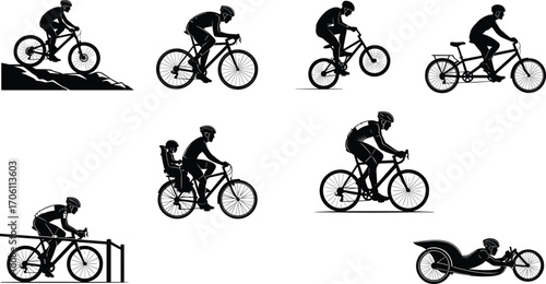 Cyclists riding bikes, mountain biking, road cycling, tandem bike, child bike seat, handcycle, sports biking, cycling silhouettes, outdoor fitness, bike riding, competitive cycling, 