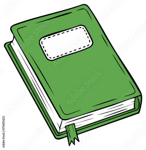 Vibrant green cartoon book featuring a blank label space and a protruding bookmark