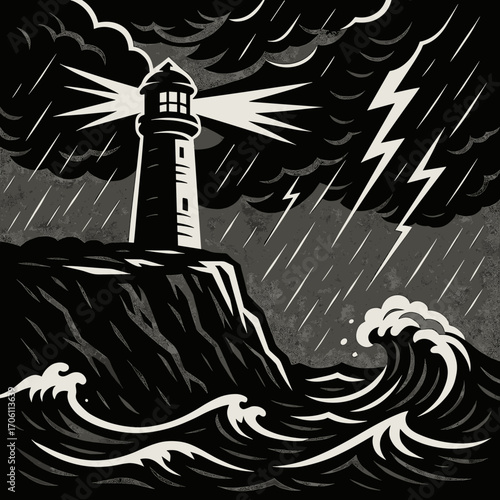 Dramatic lighthouse illustration with stormy sea and lightning in black and white