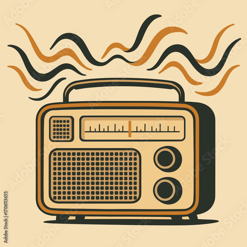 Vintage radio illustration with sound waves in retro colors