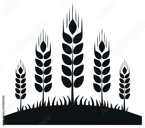 Five Stylized Black Wheat Stalks Growing in the Ground Silhouette