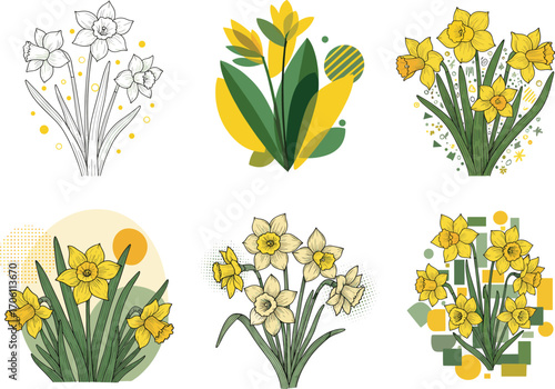 Daffodil flower vector set, abstract and realistic styles, spring floral clipart bundle, seasonal botanical design, yellow bloom illustrations, nature icons