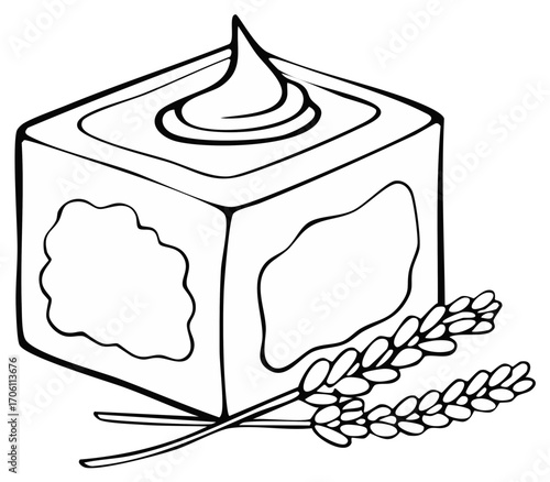 Monochrome outline drawing of natural beauty product or artisanal soap with elegant lavender sprigs