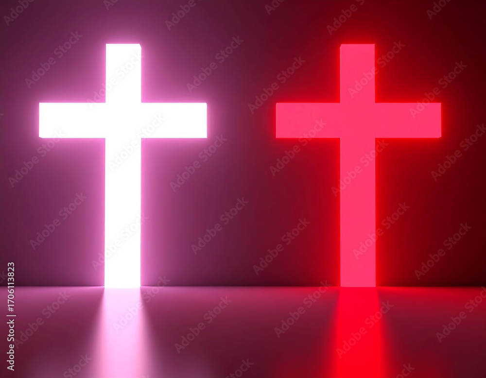 Obraz premium Two glowing crosses, white and red, on a gradient background