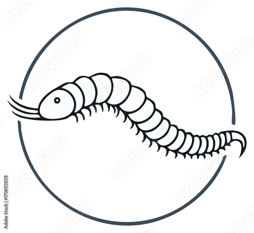 Stylized centipede insect crawling in a circle. Minimalist arthropod line art vector logo.