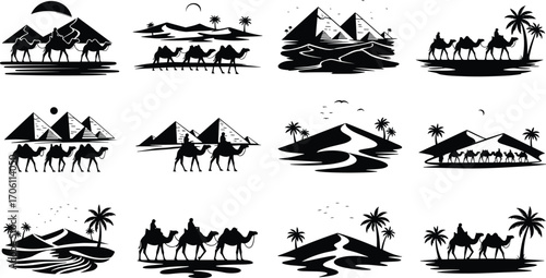 Desert camels, pyramids, palm trees, dunes, Egypt landscape, caravan silhouettes, Sahara travel, ancient journey, Middle East, vector art