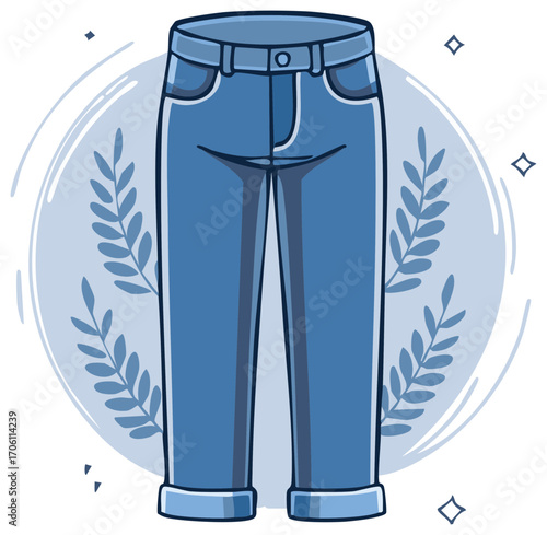 Stylish denim jeans illustration with design elements.