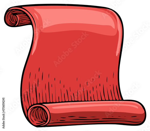 Cartoon style red scroll illustration with vintage, ancient papyrus, for messages and invitations in graphic design, creative projects