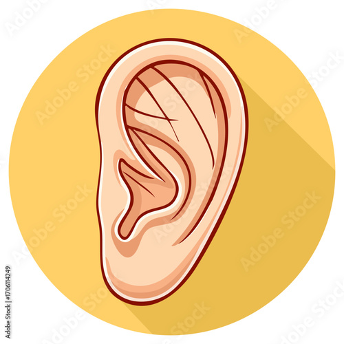 Human ear anatomy cartoon icon representing sense of hearing on a round yellow background