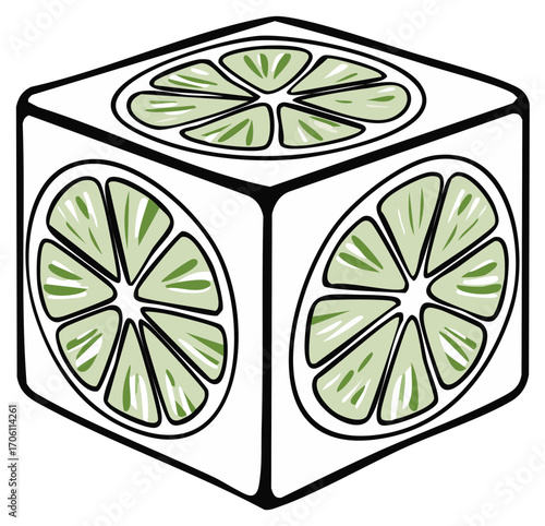 Refreshing lime slices adorning a white geometric cube an artistic fruit inspired abstract design element